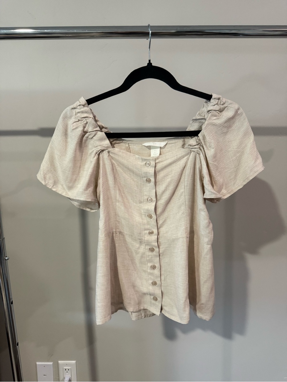 H&M Beige Square-Neck Button Front Puff Sleeve Blouse